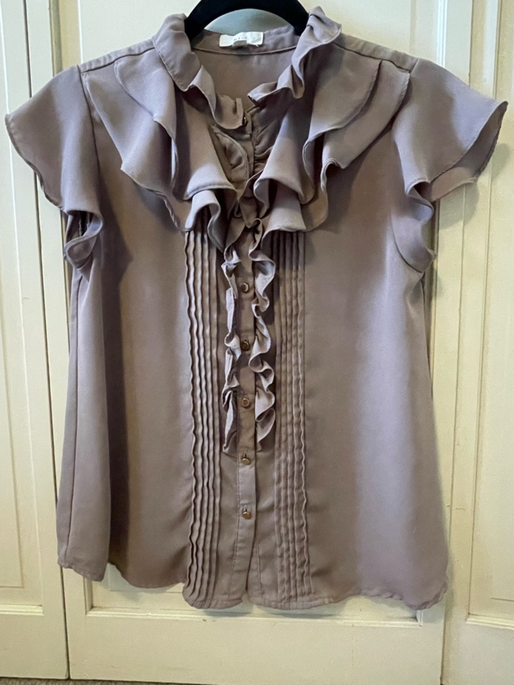 mine Taupe Ruffle Front Blouse
